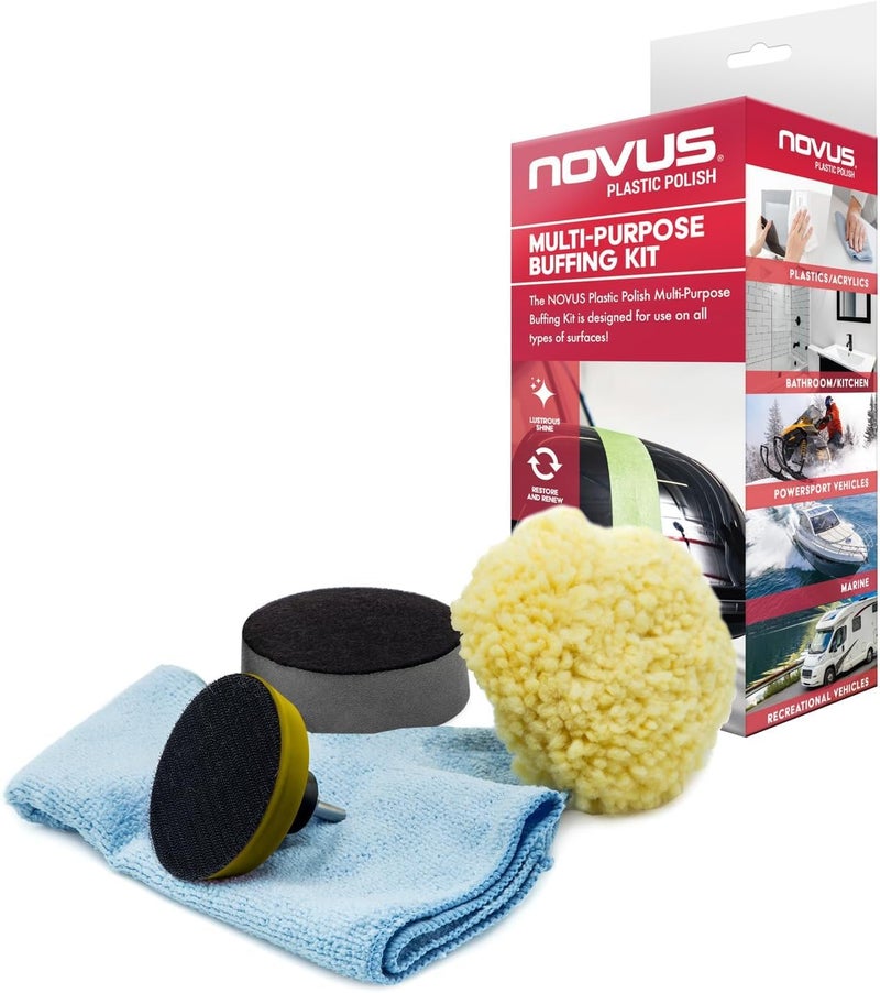 NOVUS 7232 | Multi-Purpose Buffing Kit | Contains 100% Wool Buffing Pad, Soft Foam Buffing Pad, Backing Pad for Drill, Microfiber Cloth - Image 1